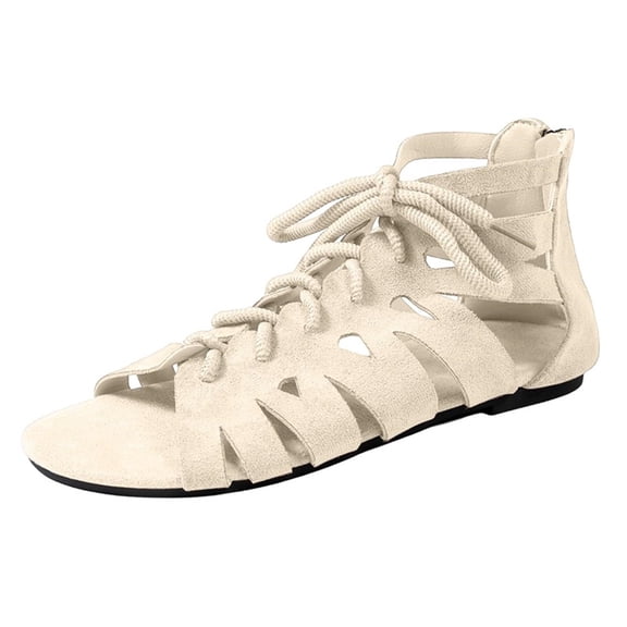 Yyuenw Open Toe Lace Up Flock Gladiator Sandals Ladies High Ankle Outdoor Walking Footwear