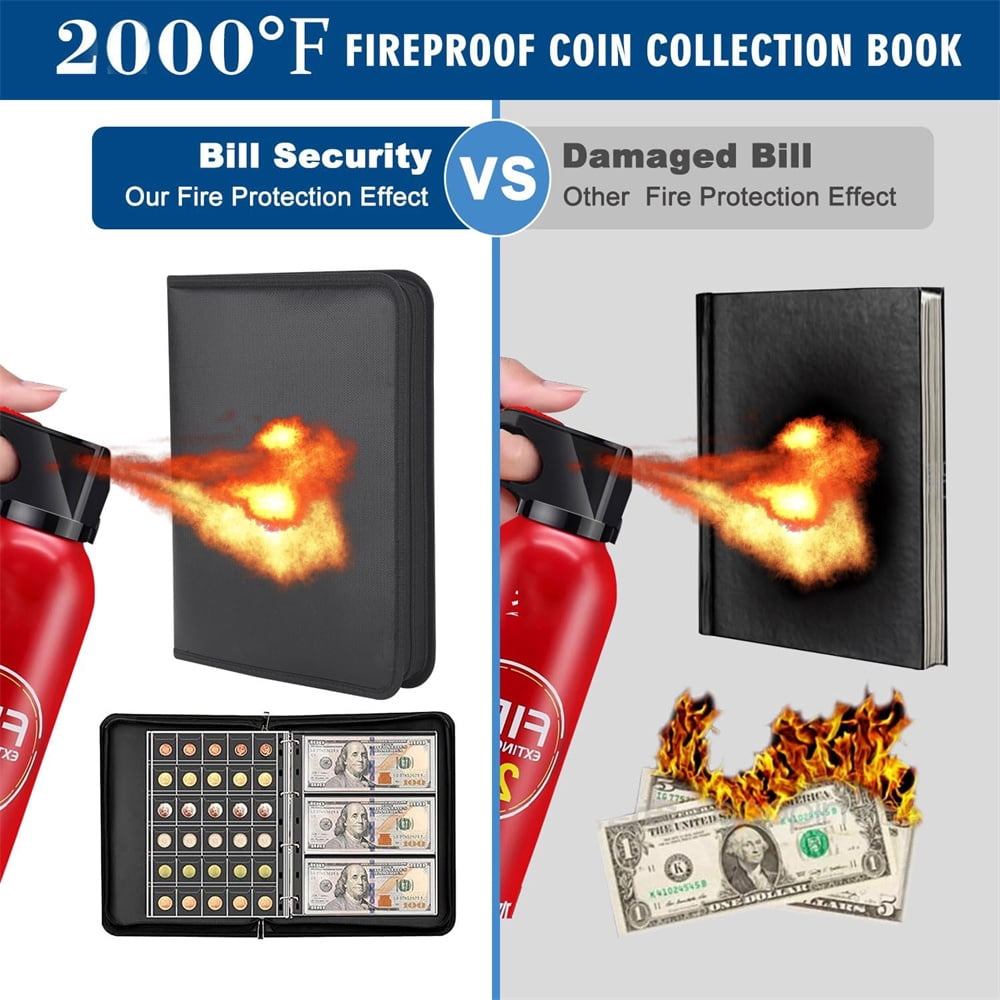 NOGIS Fireproof Coin Album with 360 Coin Collection Holder & 36 Sleeves Money Currency Collection Book Pockets, Currency Album, Coin Collection Supplies for Collectors