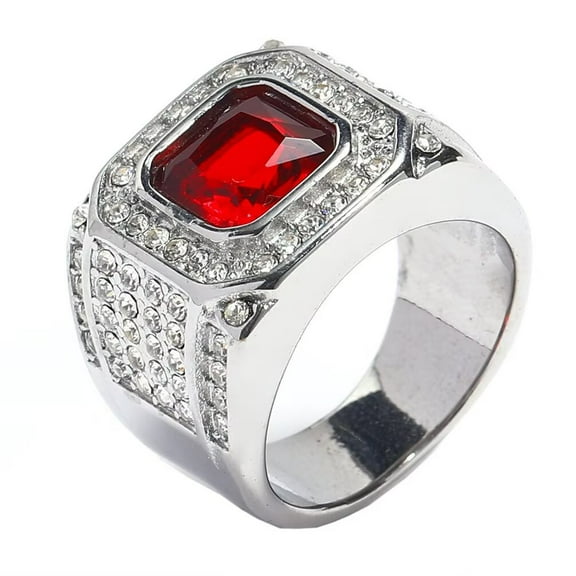 PAMTIER Men's Women's Stainless Steel Trendy Hip Hop Punk Cubic Zirconia Promise Ring Wedding Band Silver Red Size 8