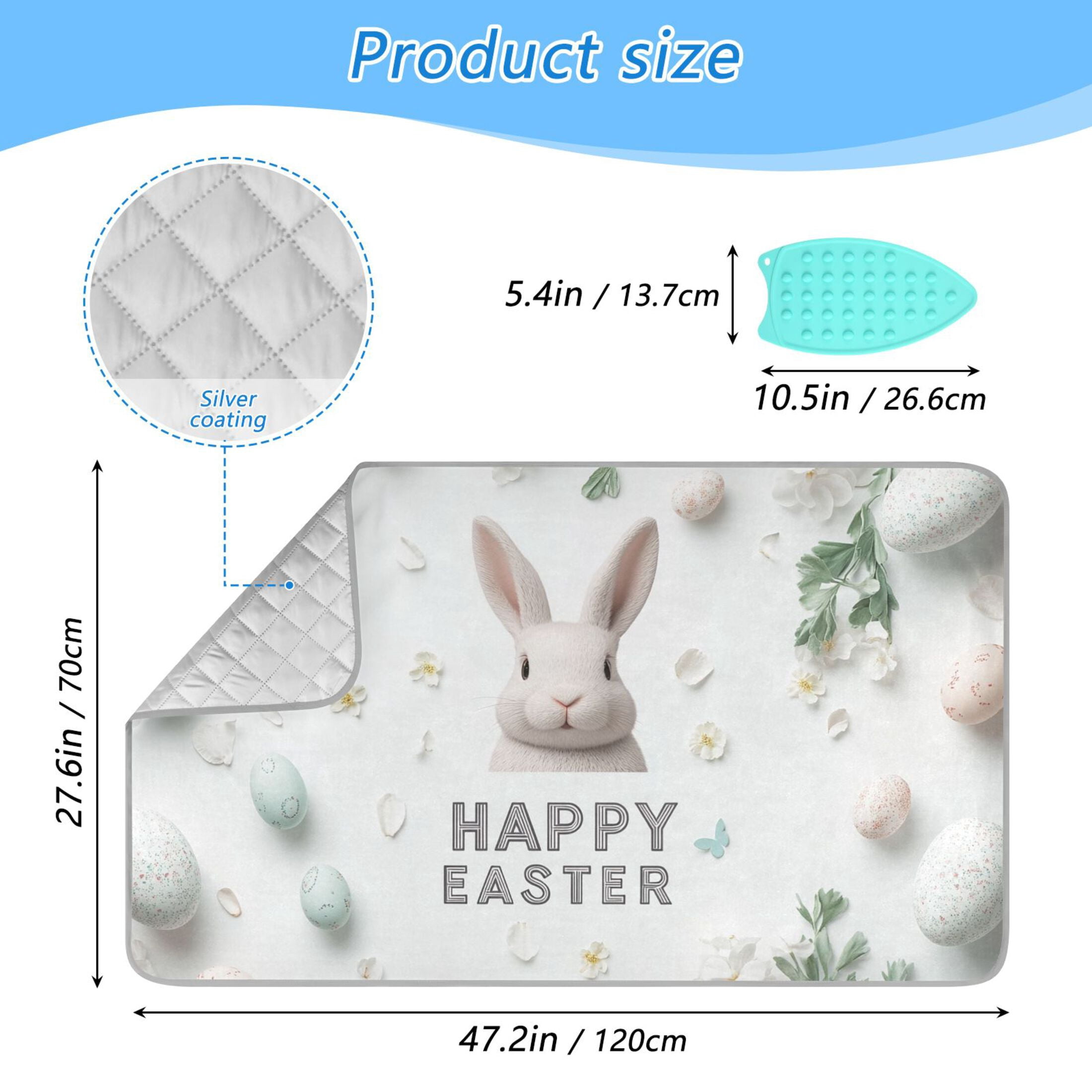 Rabbit Face Eggs Happy Easter Ironing Mat Blanket Portable Travel Ironing Pad Heat Resistant Pad 47.2" x 27.6”
