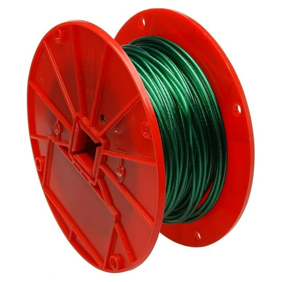 Galvanized Steel Wire Rope - Vinyl Coated 1/8" OD, 250ft, 28lb Breaking Strength - Green Clothesline, Guy Line, Garden Cable