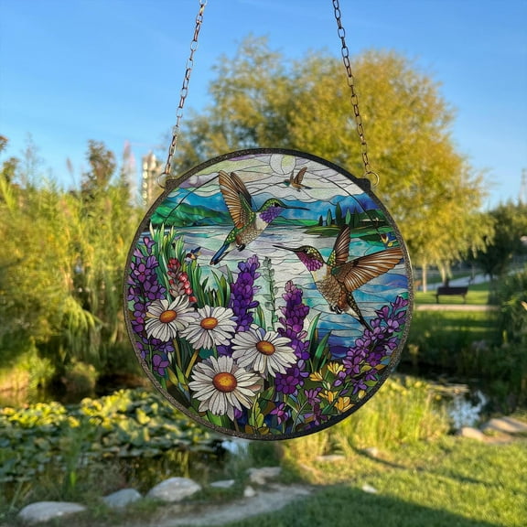 Hummingbirds Painted Stained Glass Suncatcher, Window Hanging Decor, Outdoor Sun Catcher Decor, Birds WallÂ Decor
