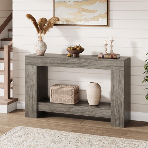 Farmhouse Console Table for Living Room, Long Console Table for Entryway, 2-Tier Large Sofa Table with Storage, Entryway Entry Table for Entrance, Hallway, Dark Gray, 47"