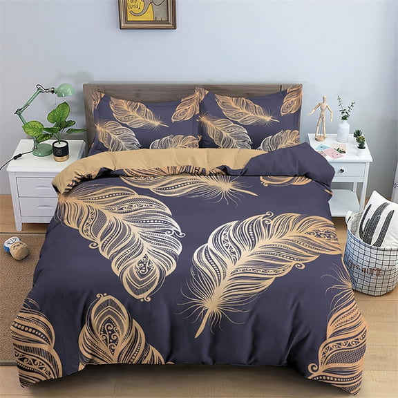 Dark Blue Peacock Feather Duvet Cover Feather Elegant Theme Chic Floral Quilt Cover for Women Teen Boys Bedroom ration