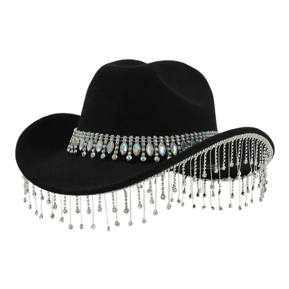 UJNDER Stylish Cowboy Hat for Women and Men with Large Round Gemstone Fringe and Rhinestone Decorations Ideal for Parties and Events Black