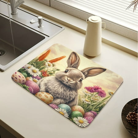 

Wobogo Lovely Easter Bunny Dish Drying Mats Diatomaceous Earth Super Absorbent Non-slip Rubber Sole 23.6×19.7in