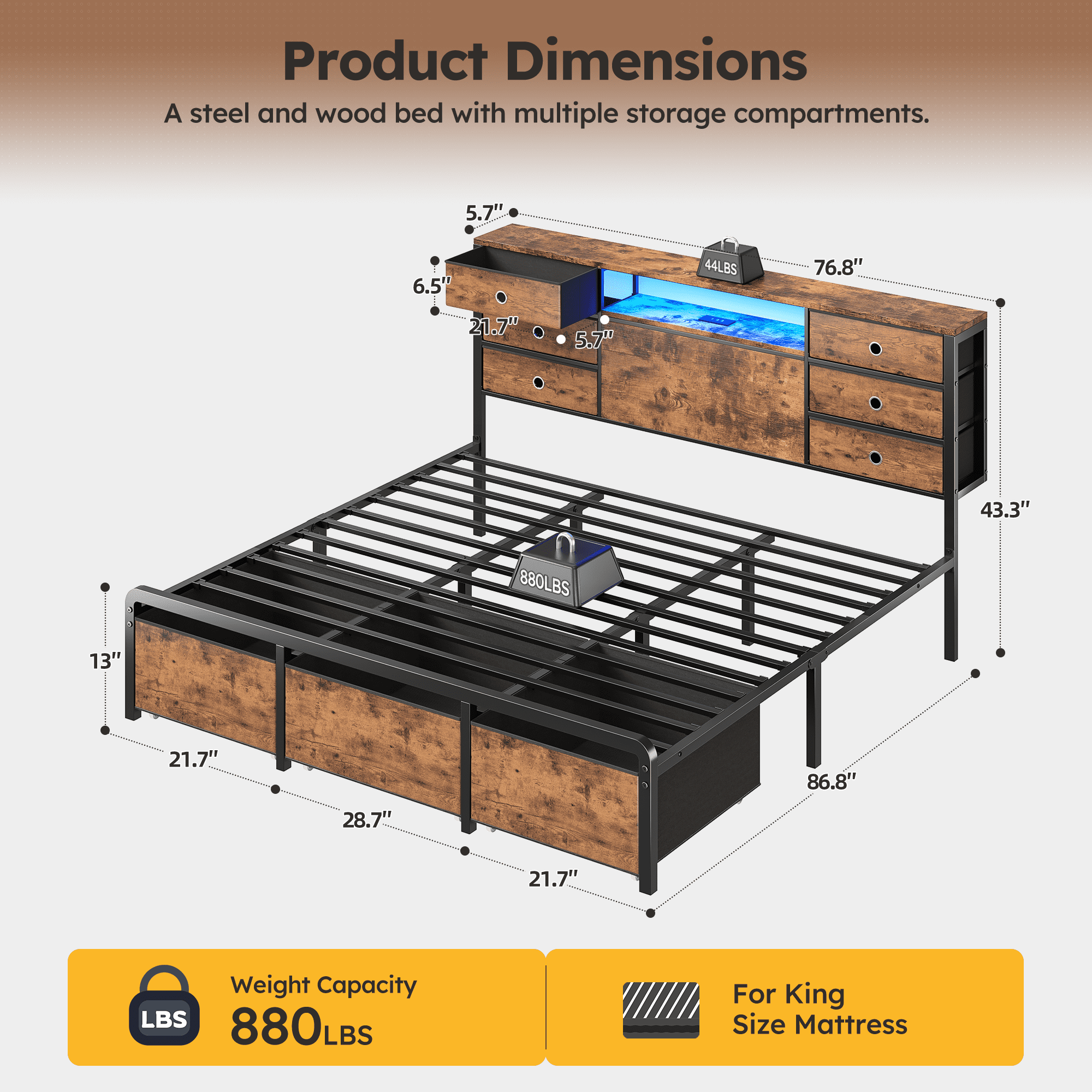 EnHomee Metal Bed Frame with 9 Storage Drawers Metal Bed Frame King with Headboard & LED Light & Charge Station,Rustic Brown