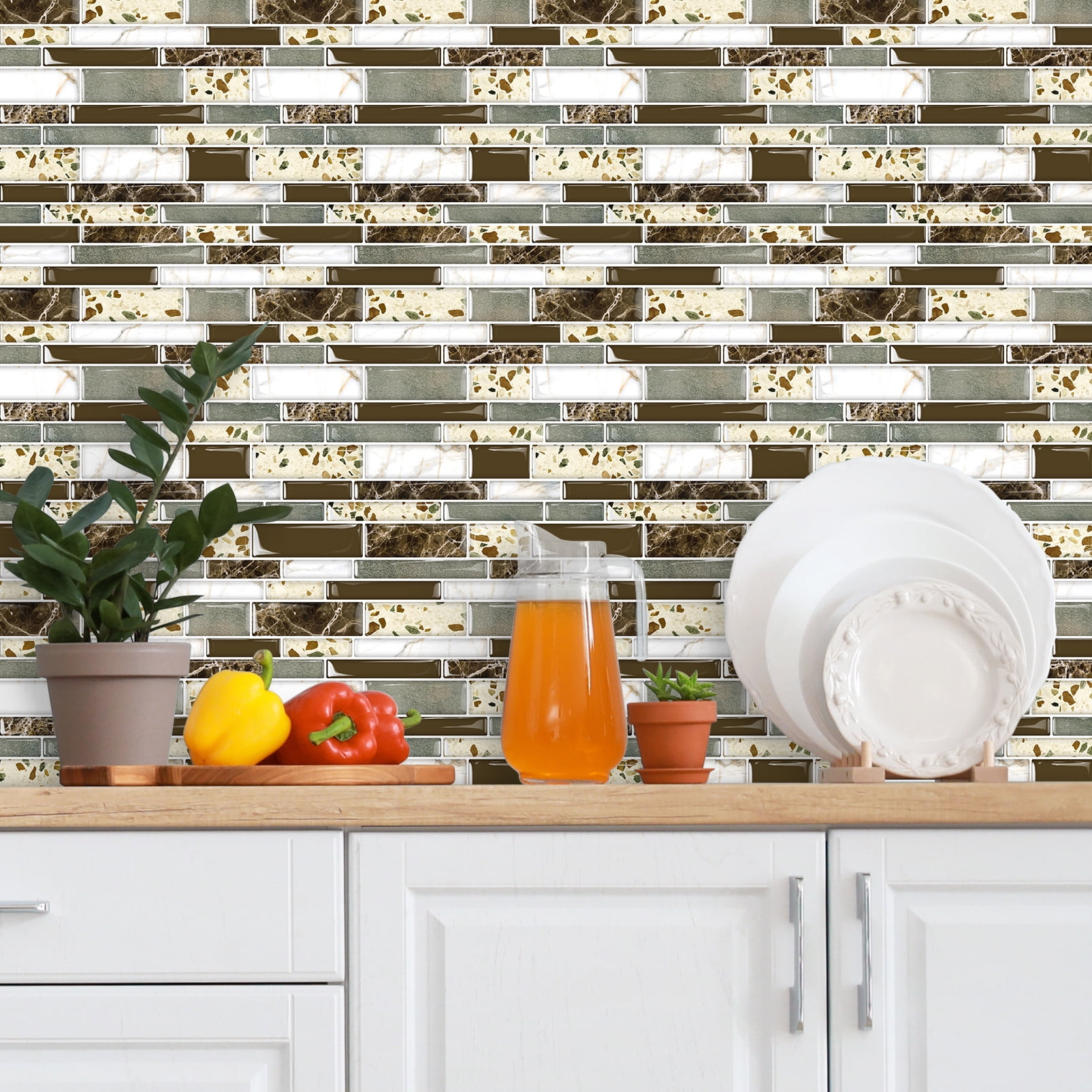 DEWOO Peel and Stick on Self Adhesive Backsplash Wall Marble Tiles Stickers 3D for Kitchen Bathroom,Brown (10-Sheet, 12"×12")