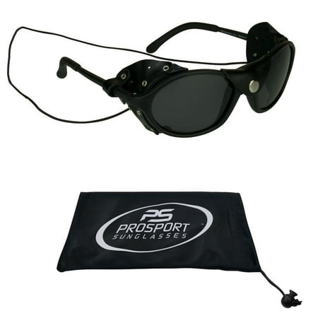 Leather Sunglasses Glacier with Side Shield and String, Polarized Lens Protects Against Wind & Debris