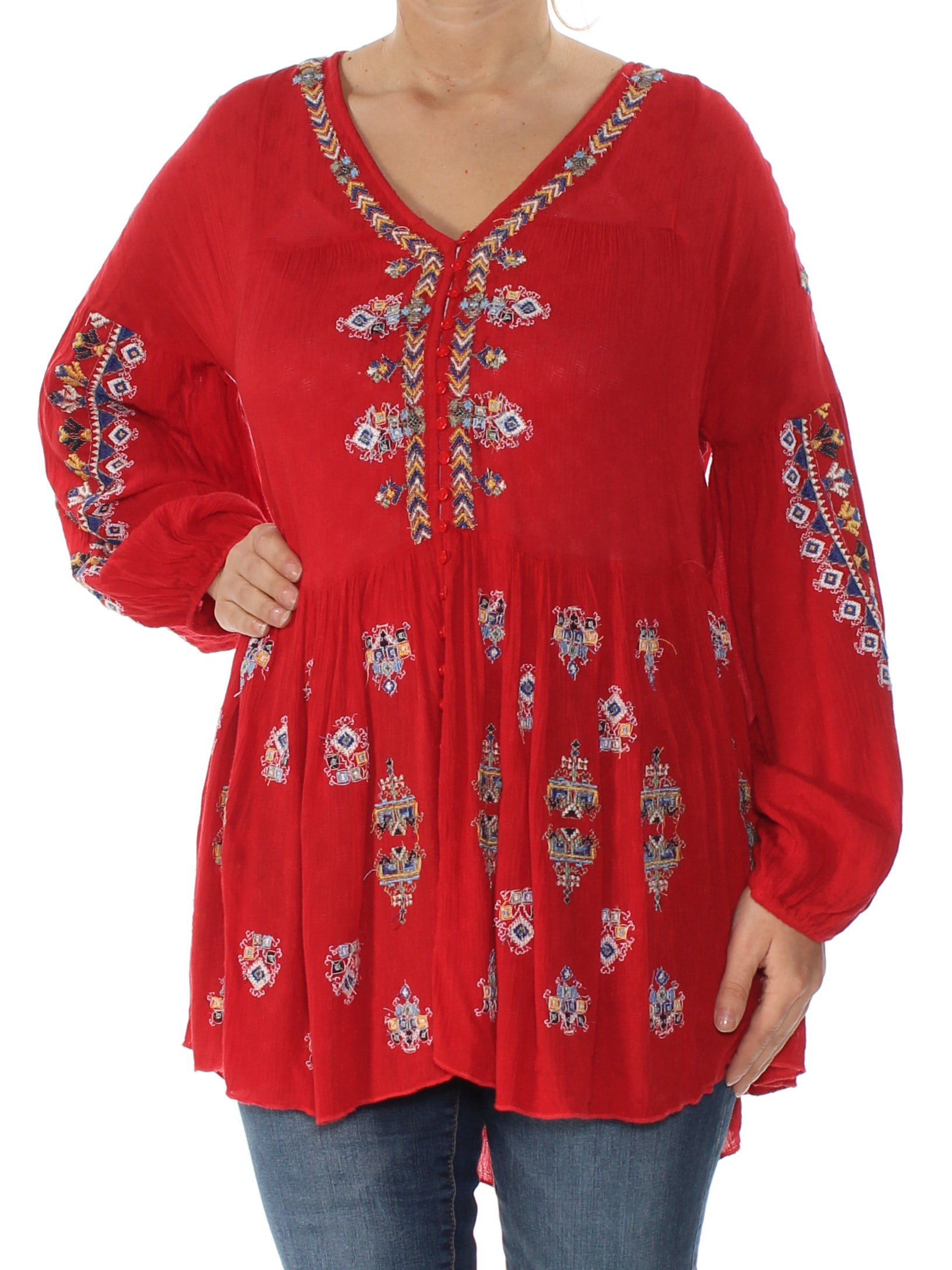 Free People - FREE PEOPLE Womens Red Embroidered Long Sleeve V Neck ...