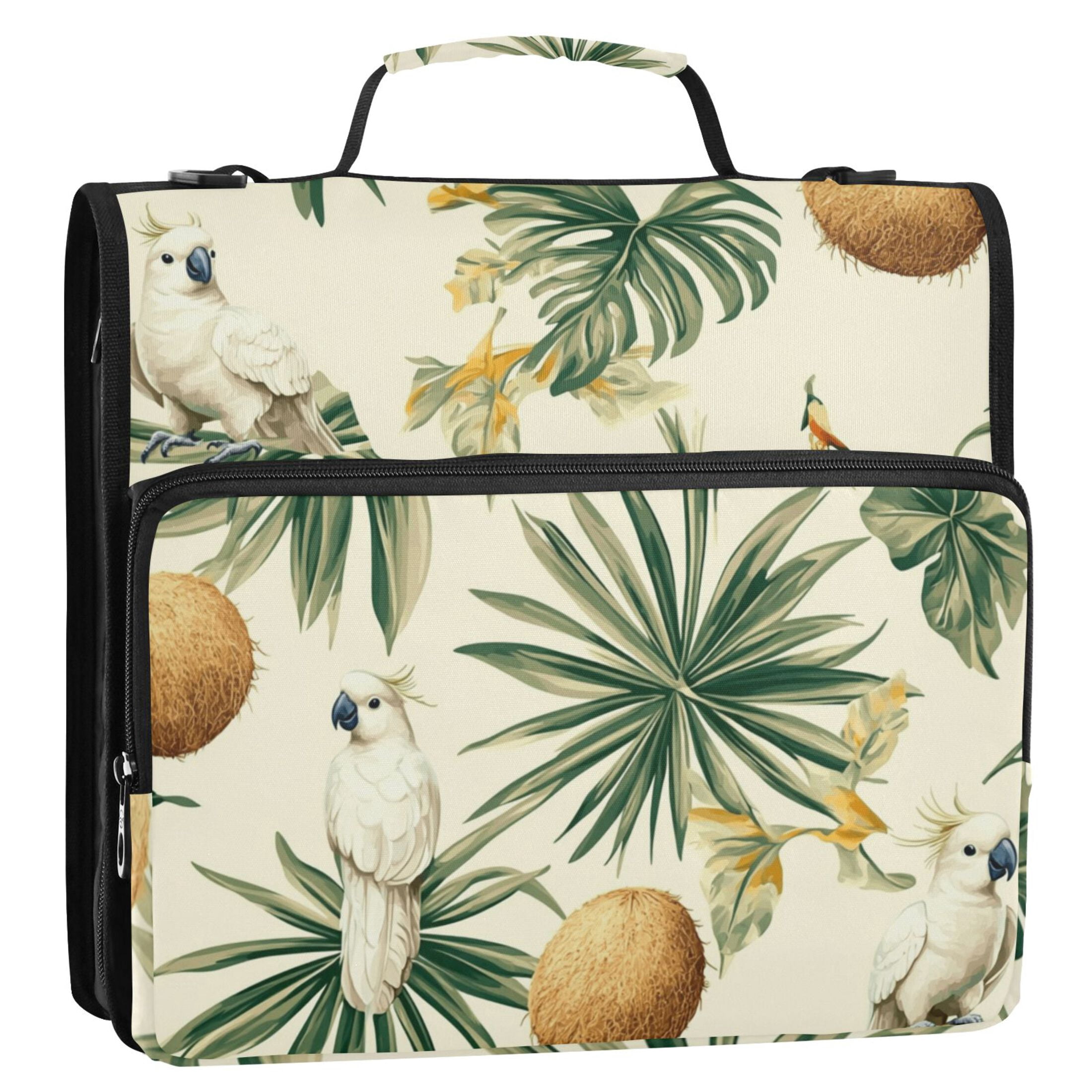 3 Ring Zipper Binder with Shoulder Strap Waterproof Trapper Keeper 2 Inch D-Ring 500 Sheets Capacity Cockatoos Coconuts Leaf