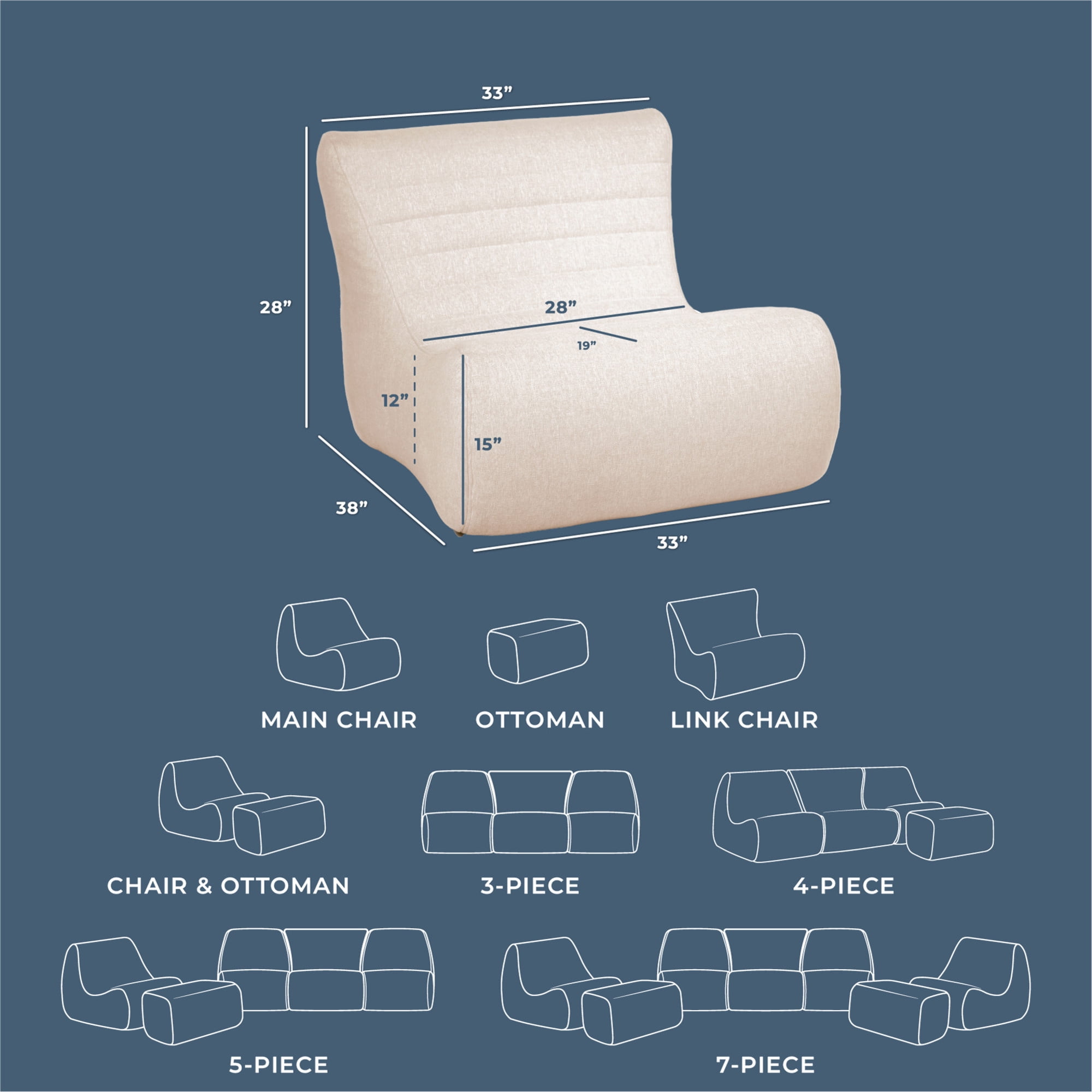 Big Joe Solvana Lounge Chair, Outdoor Performance Linen Weather-Resistant Fabric, Link Chair, Sunlit Cream