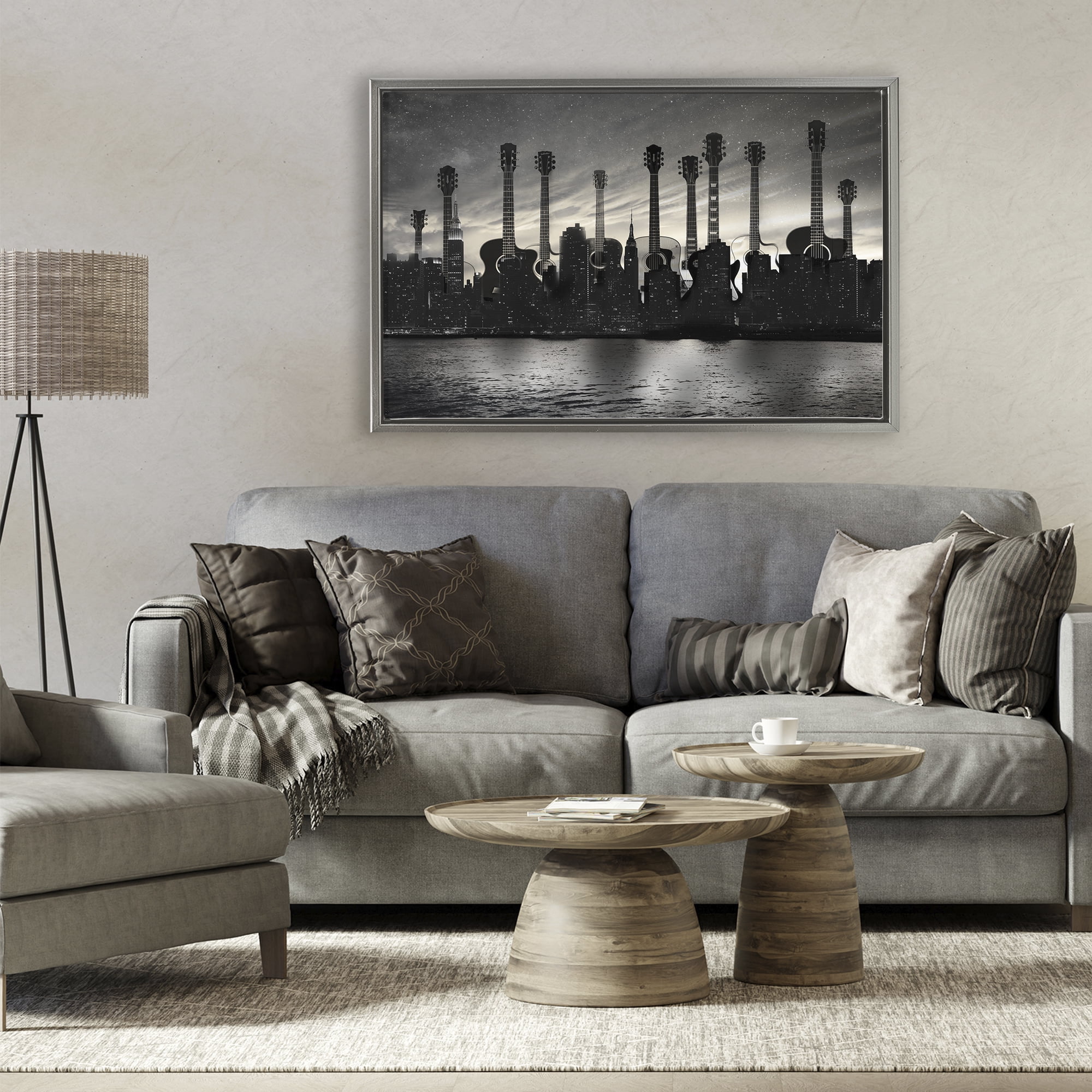 Stupell Industries Guitar Skyline Cityscape Gray Framed Floater Canvas Wall Art, design by CAD Designs