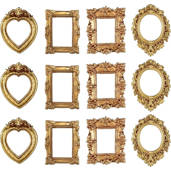 JEWLALO 12PCS Mini Vintage Picture Frames Small Resin Jewelry Display Table Frame Baroque Antique Wall Hanging Ornament Tiny Oval Rectangle Home Wedding Decoration for Christmas DIY Party (Gold)