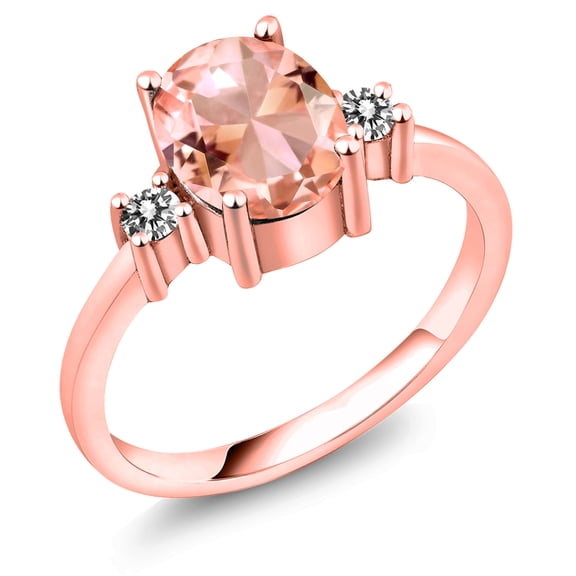 Gem Stone King 2.13 Ct Oval Peach Nano Morganite White Diamond 18K Rose Gold Plated Silver Ring (Size 9)