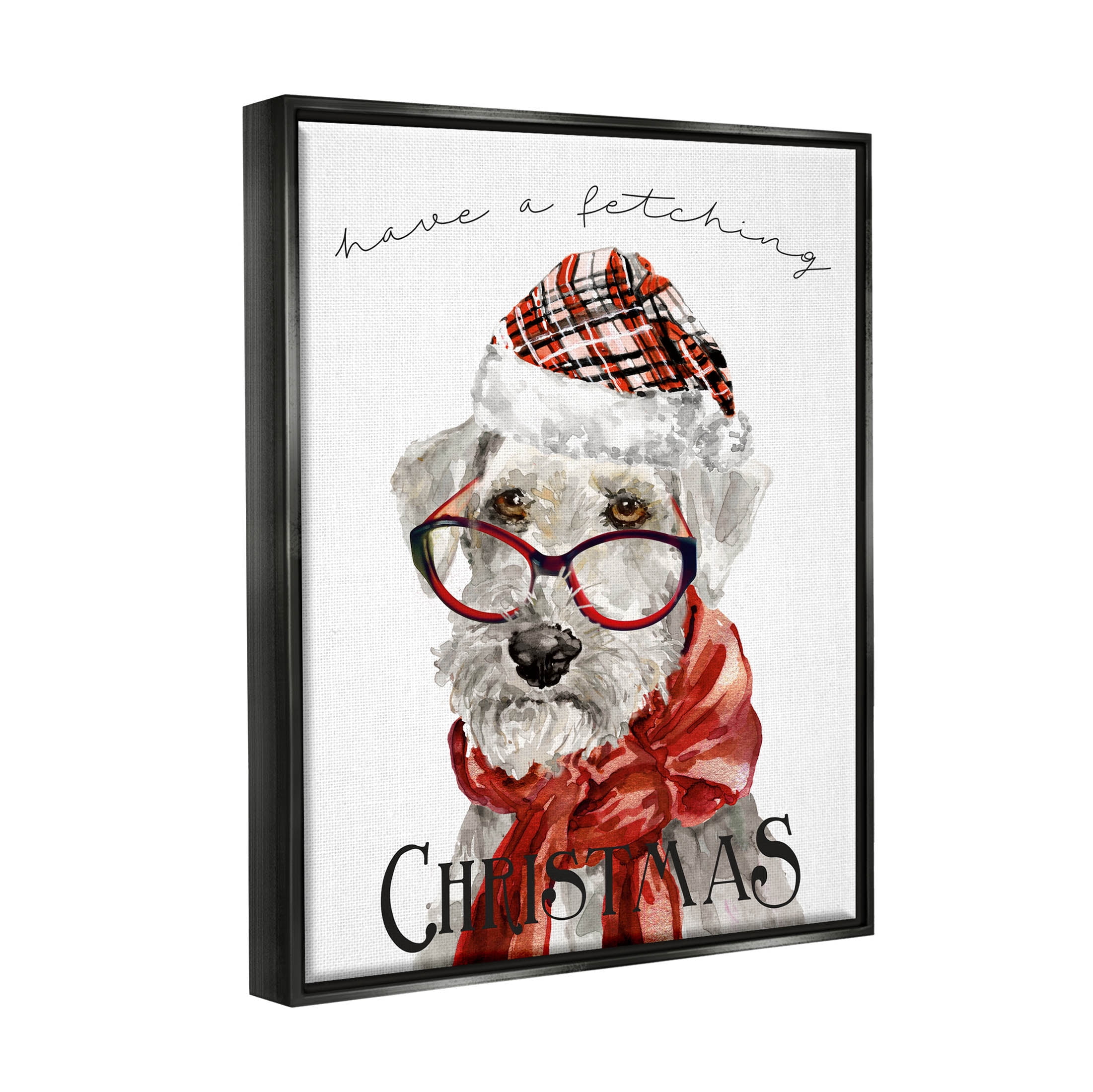 Stupell Industries Have a Fetching Christmas Dog Graphic Art Jet Black Floating Framed Canvas Print Wall Art, Design by Livi Finn