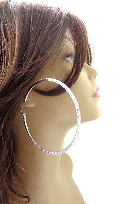 Crystal Iridescent Silver Tone Rhinestone Hoop Earrings 3 inch Hoop Earrings