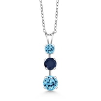 Gem Stone King 925 Sterling Silver Swiss Blue Topaz 3 Stone Pendant Necklace for Women (1.96 Cttw, Gemstone November Birthstone, Round 6MM, 5MM and 4MM, with 18 inch Chain)