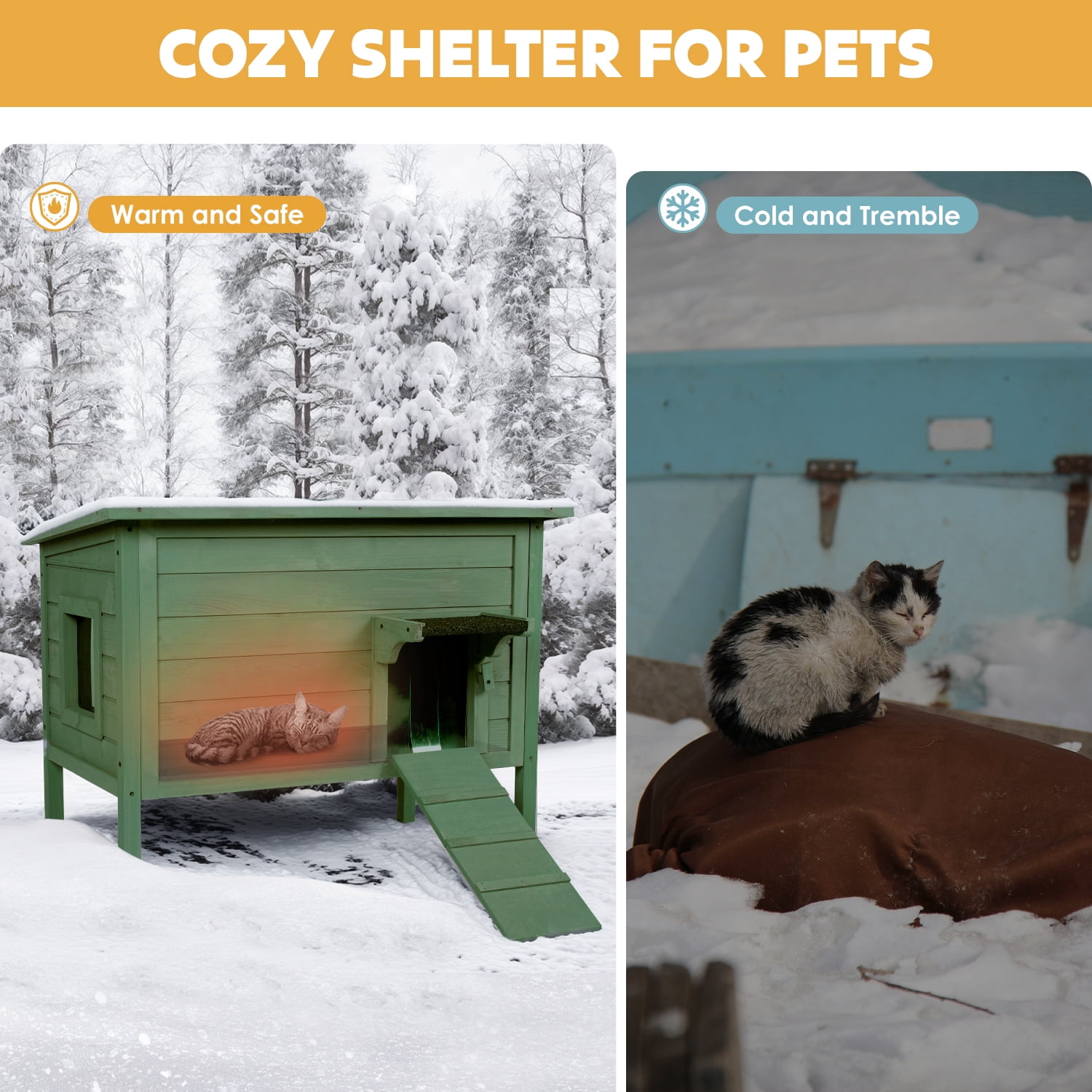 Hidpriva Insulated Wooden Outdoor Cat House, Weather-Resistant Feral Cat Shelter for Winter w/ Foldable Ladder & Visible Window, Dark Green