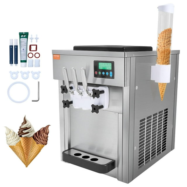 VEVOR Máquina de helado comercial, rendimiento de 21 QT/H, 1800 W 3 sabores para encimera, máquina de helado de servicio suave, 2 tolvas de 4 L, 2 cilindros de 1,8 L, preenfriamiento de limpieza autom