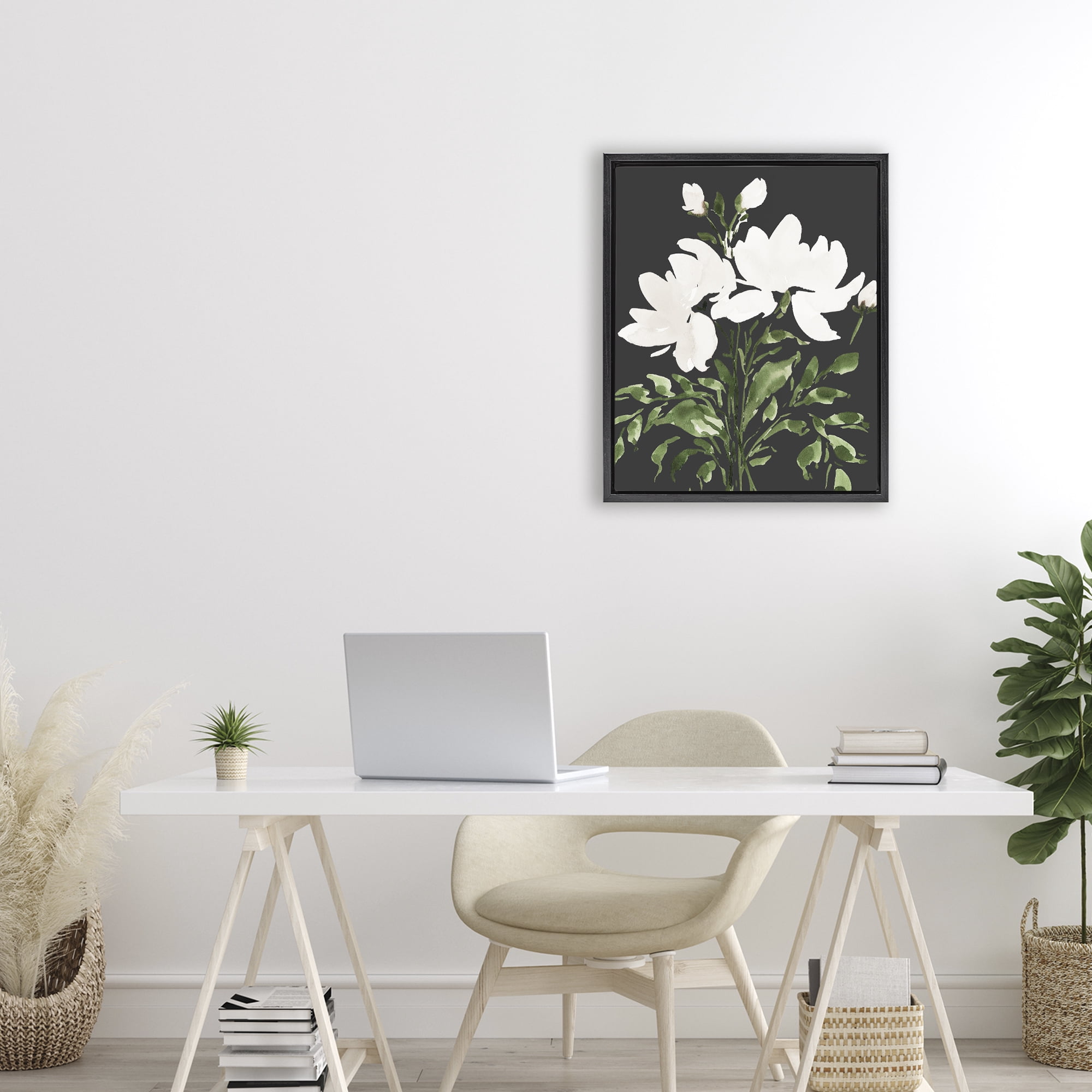 Stupell Industries White On Black Floral Black Framed Floater Canvas Wall Art, design by Lucille Price