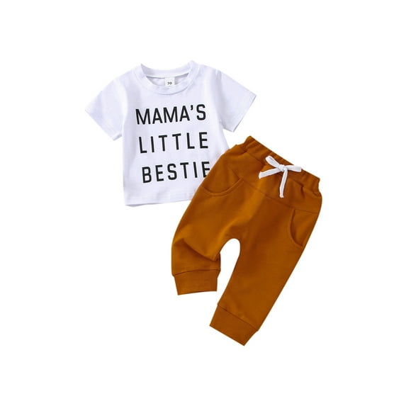 Qmyliery Baby Boys Summer Clothes Letter Print Short Sleeve T-shirt Tops with Stretch Casual Drawstring Pants Set