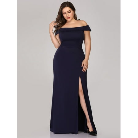 Ever-Pretty Womens Off Shoulder High Slits Plus Size Long Party Bridesmaid Dresses for Women 07952 Navy Blue US16