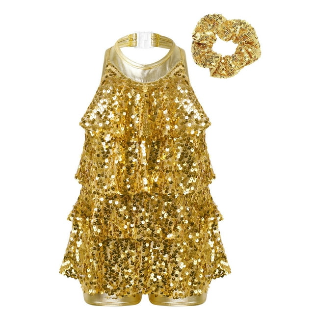 Doomiva Costume de Danse Ballet Rumba Moderne pour Filles Enfants Robe Justaucorps Jazz Danse Latine avec Attache-Cheveux Or 14