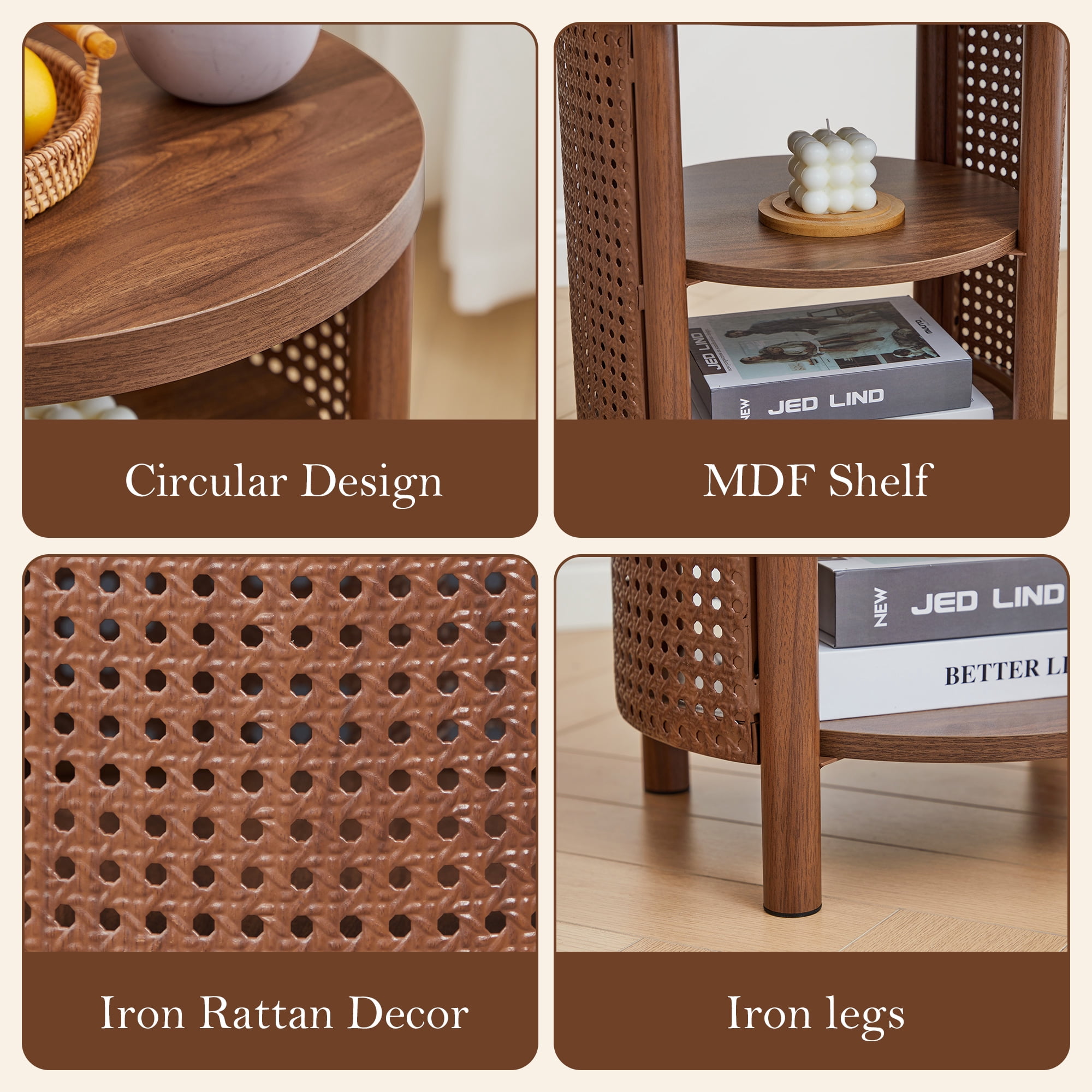 YOCWO Small Round End Table Set of 2 with Open Storage for Small Space, 3 Tier Accent Table Side Table with Iron Rattan Decor, Walnut