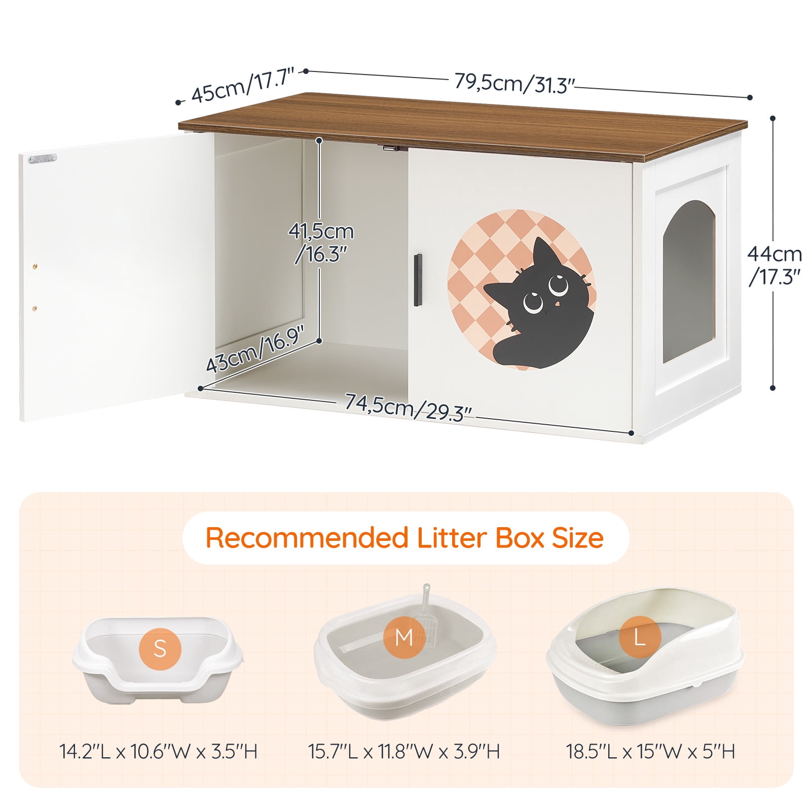 HOOBRO Cat Litter Box Enclosure, Hidden Litter Box Enclosure Furniture with Cute Cat Patterns and Arched Entrance, Litter Box Cabinet, Side Table, for Living Room, White and Walnut WH08MW01