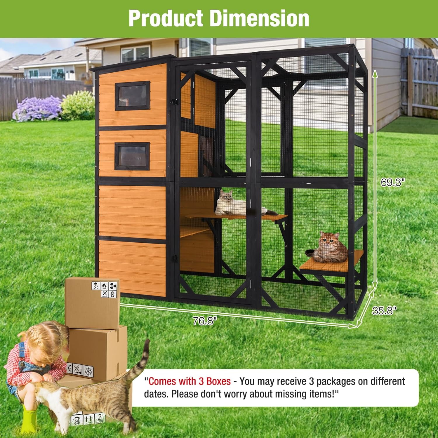 MEDEHOO Large Catio Outdoor Cat Enclosure, 77 Inch Weatherproof Cat House with Connectable Window Box, 4-Tier Wooden Cat Cage with Multi-Level Platforms & Resting Areas (Brown)