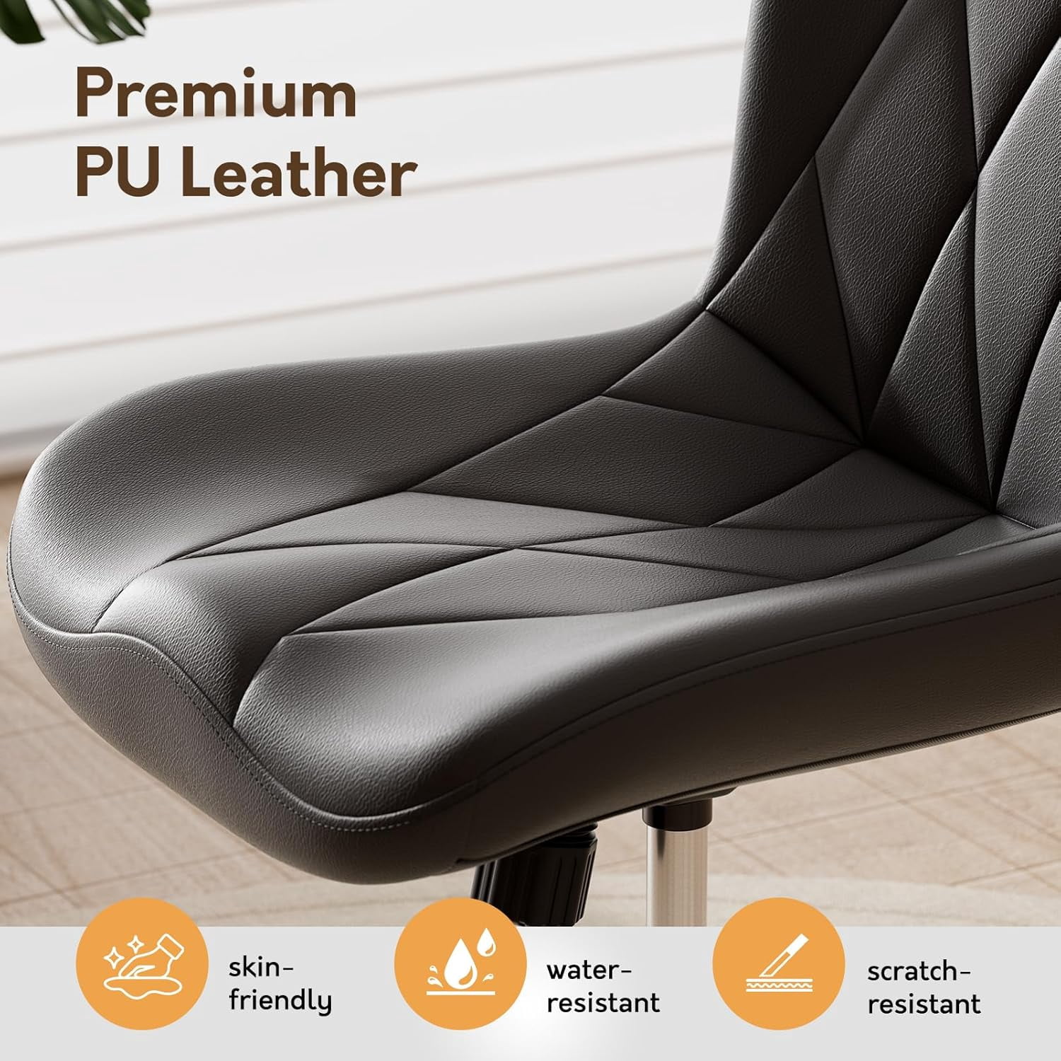 HomeZeer Space Saving Armless Office Chair with Wheels, Adjustable Height PU Leather Swivel Computer Task Chair, Soft Padded Mid Back Vanity Chair Design for Home Office & Small Spaces, Black