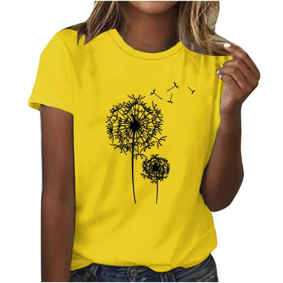 Short Sleeve Polyester T Shirts for Women Casual Summer Cotton Tops Loose Fit Sunflower Printed Plus Size Tees (XL, Yellow 04)