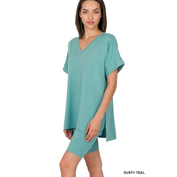Zenana Women's Brushed DTY Microfier V-Neck Short Sleeve Hi-Low Hem & Biker Short Loungewear Set