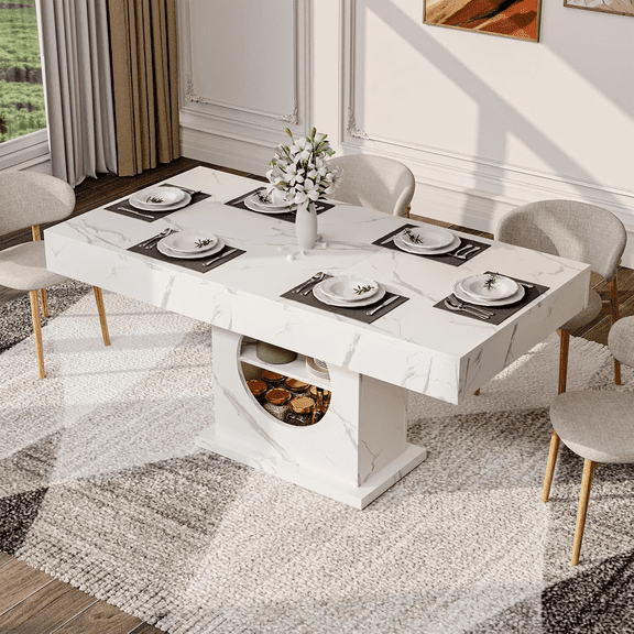Frmobepts 55" Dining Table for 4 to 6 People, Farmhouse Wood Dinner Table with Drawers & Open Storage for Kitchen, Dining Room & Living Room,Marble-White