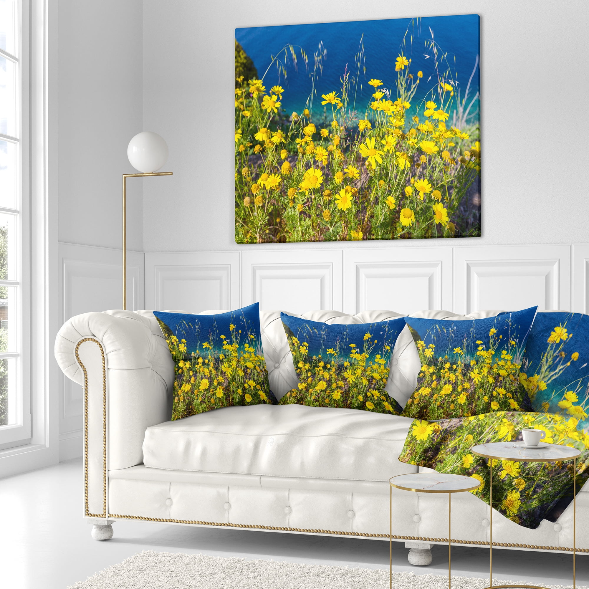 Designart Wild Yellow Flowers over Sea Coast - Flower Throw Pillow - 18x18