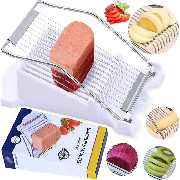 Meat Slicer Egg Slicer Multipurpose Dinner Breakfast Luncheon for Eggs, Mozzarella Cheese, Goose Liver, Pitaya - Great Eater Tool for Soft Fruit or Canned Loaf Meats, Slice Spacing 1/3 inch (White)