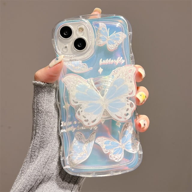 Funda suave con soporte de mariposa láser 3D para iPhone 13, 12, 11, 14 Pro, X, XR, XS, MAX Plus + cubierta trasera con borde ondulado Fivean unisex