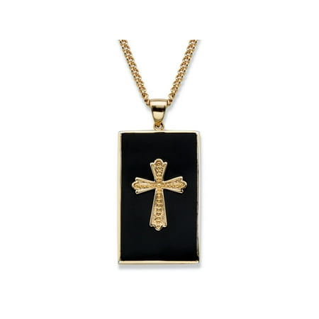 - Men's Genuine Black Onyx Cabochon Cross Pendant Necklace 14k Gold-Plated 22