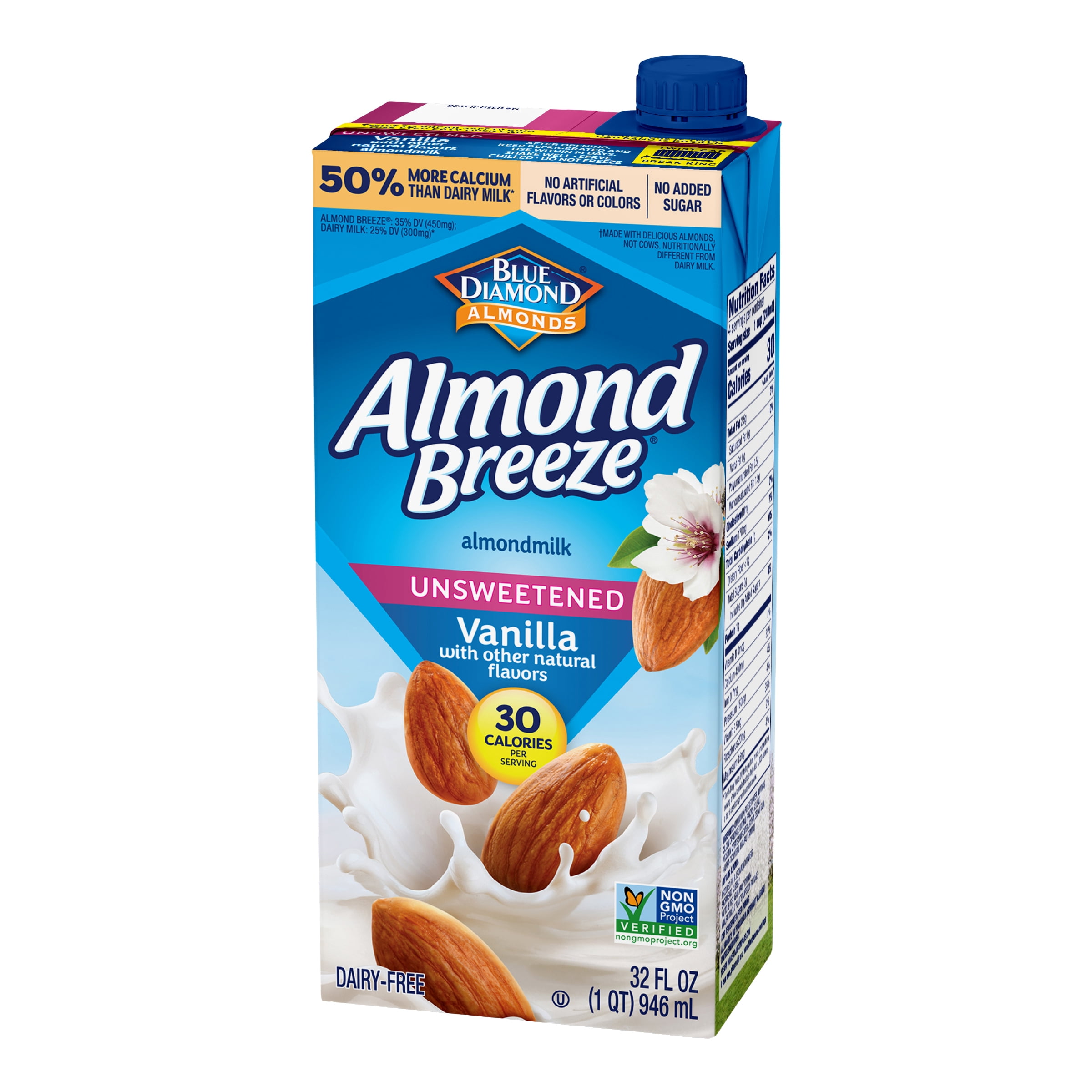 (4 pack) Almond Breeze Shelf-Stable Unsweetened Vanilla Dairy-Free Almondmilk, 32 oz