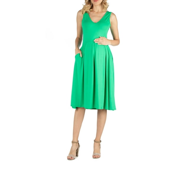 24seven Comfort Apparel Fit Flare Sleeveless Maternity Midi Dress With Pockets Green S