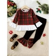 thumbnail image 3 of Mikrdoo 7 Years Kid Toddler Girls Outfits Letter Graphics Plaid Print Flare Long Sleeve Ruffled Trim Tops Elastic Bell-bottomed Pants 2Pcs Christmas Clothes Sports Set Size: 4-7T, 3 of 9