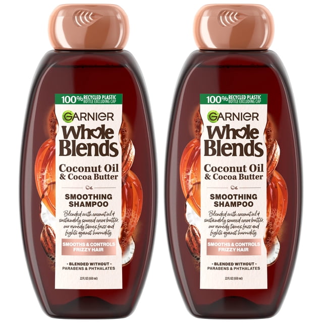 Garnier Hair Care Whole Blends Smoothing Hair Care Shampoo Set With Coconut Oil and Cocoa Butter Extracts, For Frizz Control, Paraben Free 44 Fl Oz
