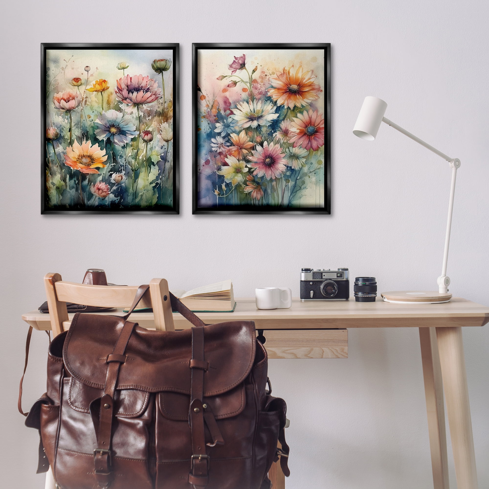 Stupell Industries Watercolor Daisy Field Flowers Plants & Flowers Painting Black Floater Framed Canvas Art Print Wall Art, 31 x 25, Set of 2