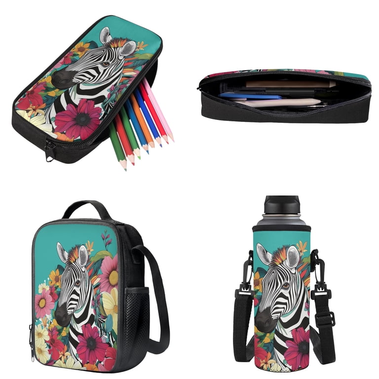 Quilted Backpack Pastel Zebra Backpack Set Matching Pouch Pink Trim Zebra Print Backpack W Matching Lunch Bag main image 4
