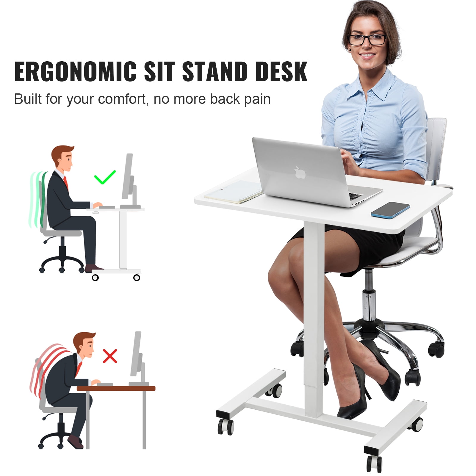 KFFKFF 28"-44" Gas-Spring Height Adjustable Sit-Stand Desk, Mobile Standing Desk, 4 360° Swivel Wheels (2 Lockable) Portable Rolling Laptop Table Computer Cart, 40LBS Loading