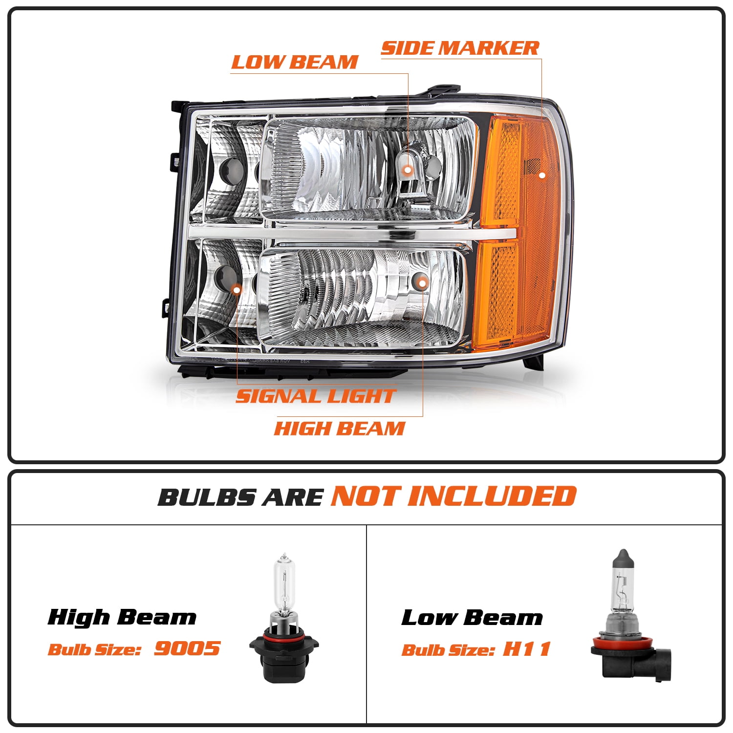 For 2007-2013 GMC Sierra 1500 2500HD 3500HD Halogen Chrome Amber Headlights L+R