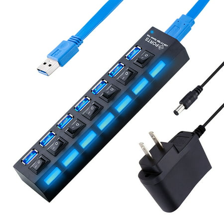 7 Port USB 3.0 Hub On/Off Switches + AC Power Adapter Cable for Laptop