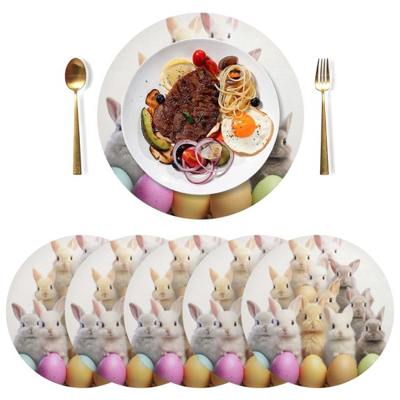 Rabbits in Easter Eggs Black Round Placemats Plate Mats 15 Inch Non-Slip Heat Resistant Washable PVC Set Indoor for Kitchen Dining Table 1PC