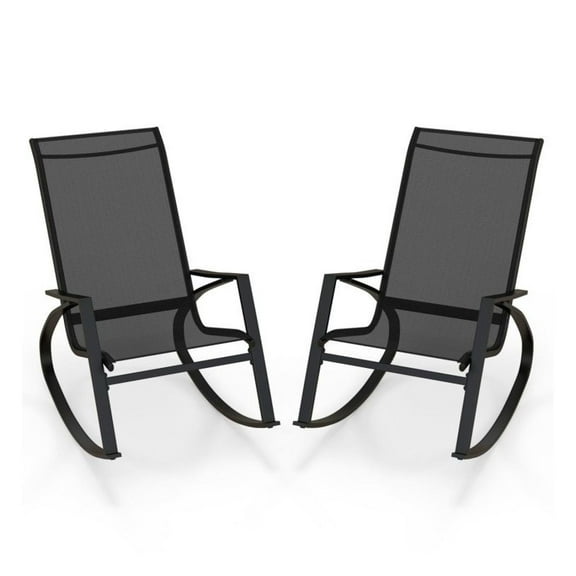 Patio Rocking Chairs 2-Piece Set, Outdoor Sling Rockers with Ergonomic Design, Black Metal Frame, 330lbs Capacity, Backyard Poolside Furniture